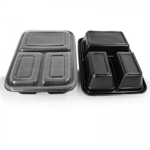 Three Compartment Rectangular Plastic Food Containers-Black Base/Clear Lid