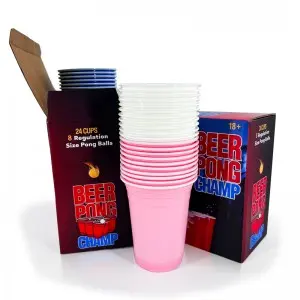Beer Pong Kit 8 Ping Pong Balls Set of 24 Plastic Cups 16oz Red Party Cups Color Box