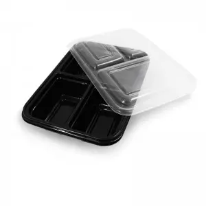 Three Compartment Rectangular Plastic Food Containers-Black Base/Clear Lid